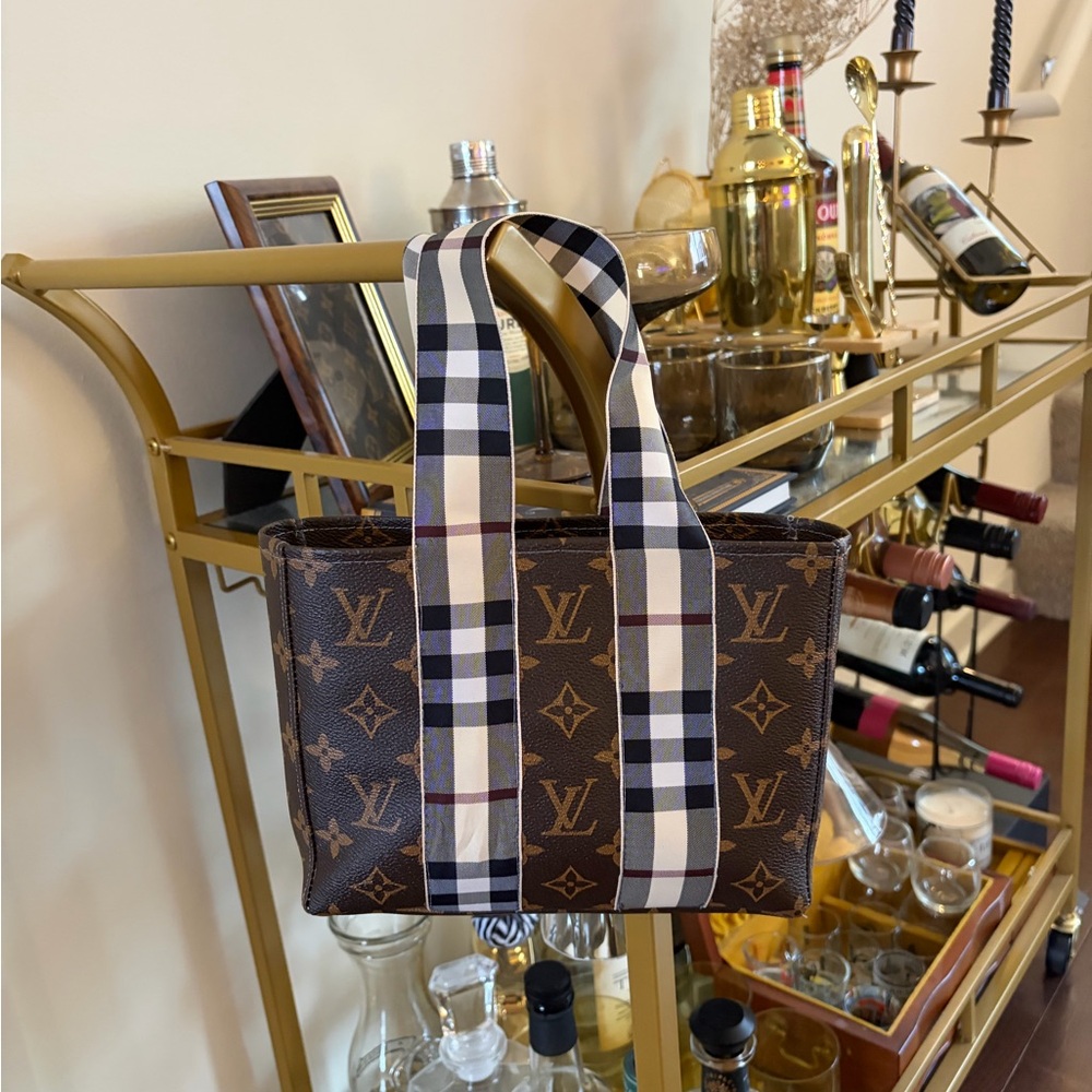 Brown Monogram Tote with Striped Handles